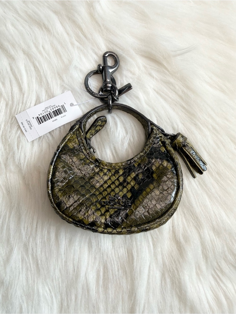Coach Carmen Bag Charm CCF18 4" x 2.5" x 1.75" Keyring Snake Print Olive NWT